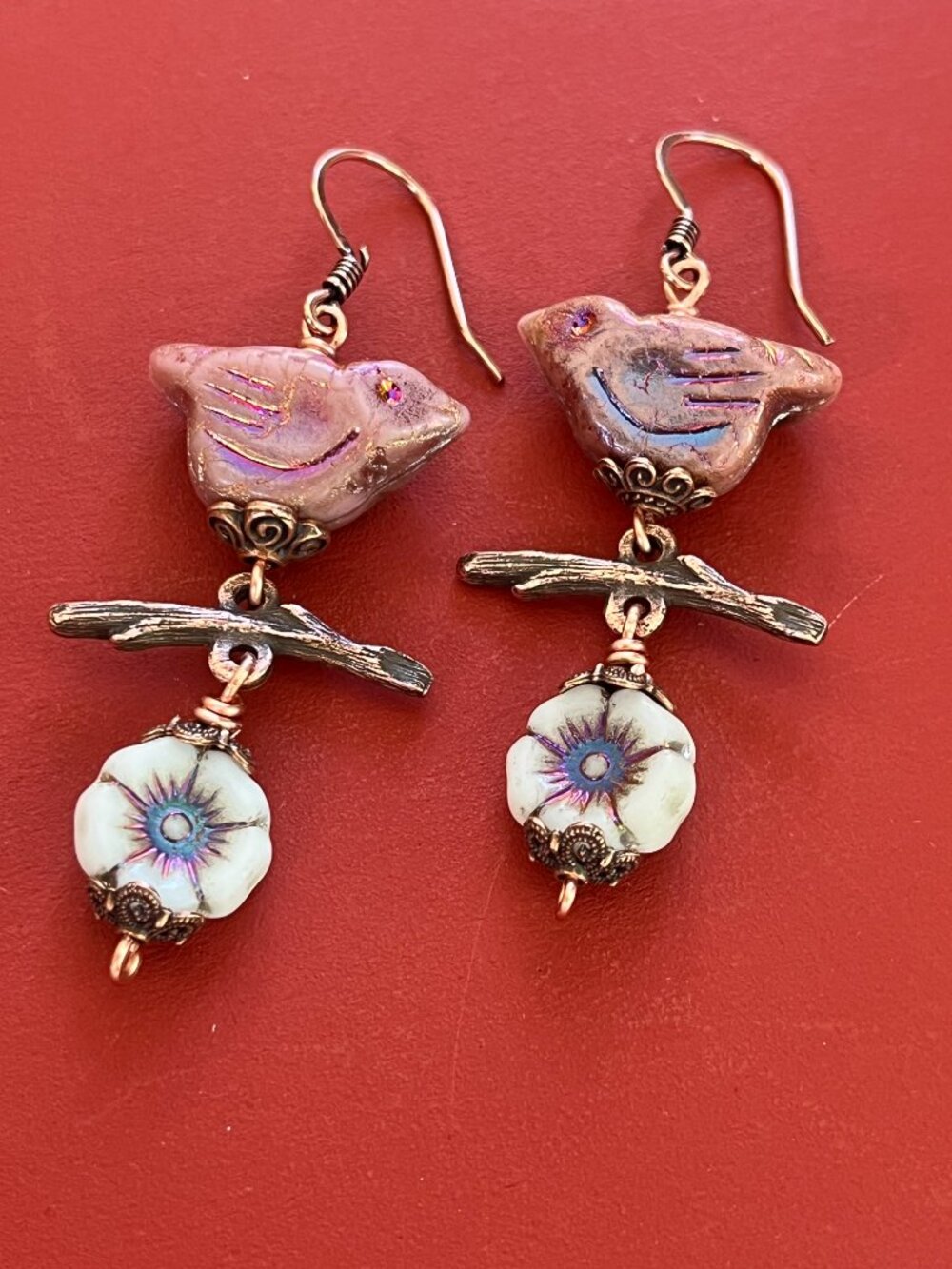 Whimsical Bird and Flower Earrings | Boho Nature Dangle Copper Earrings